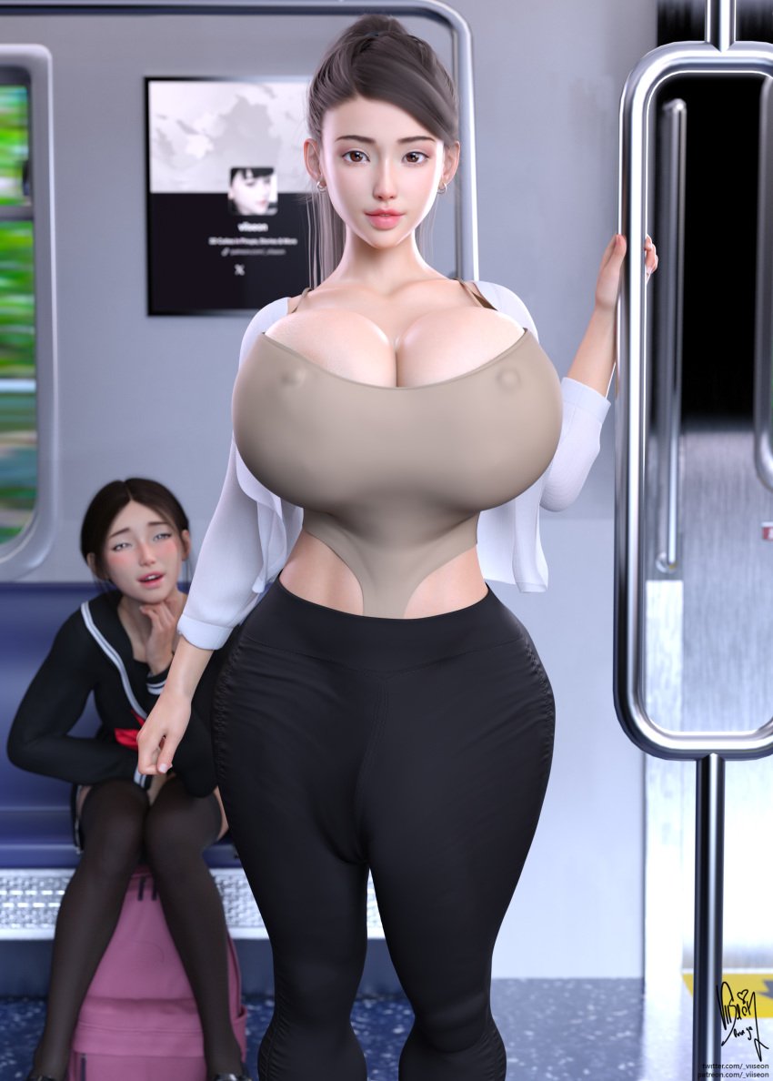 3d breasts_bigger_than_head futanari huge_breasts huge_cock rei_(viiseon) school_uniform staring_at_another tight_clothing too_large train viiseon wide_hips