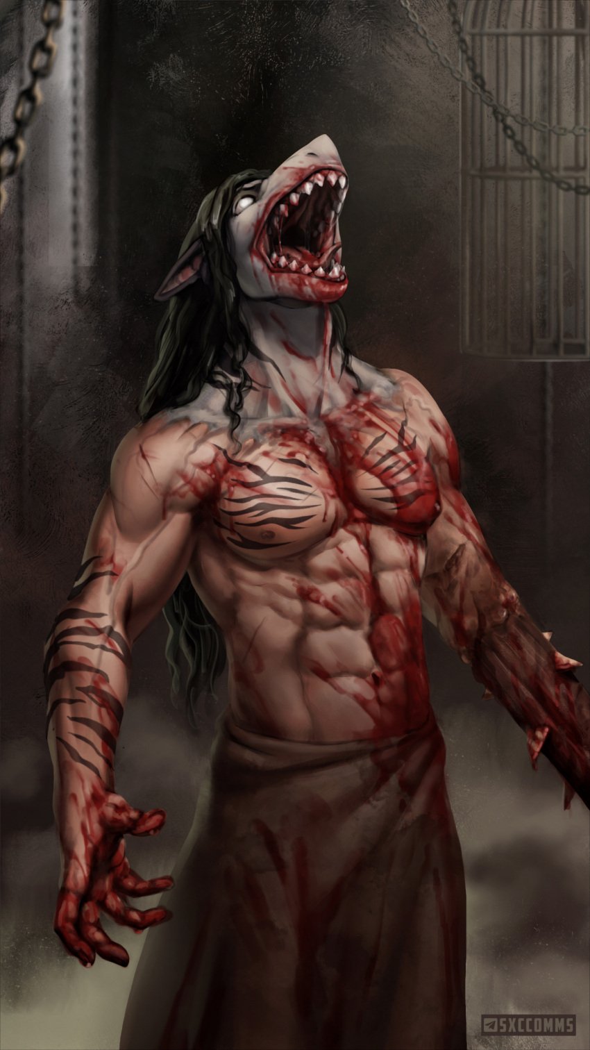 absurd_res angry anthro blood blood_on_chest bodily_fluids cage chains covered_in_blood crow_mauler digital_media_(artwork) fear_and_hunger fish hair hi_res human hybrid long_hair madness male mammal marine melee_weapon screaming shark shirtless solo spikes tattoo techiesxc teeth tongue weapon white_eyes