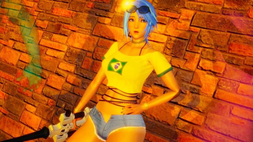 1girl aqua_(kingdom_hearts) blue_eyes blue_hair brazilian brazilian_flag dark_skin kingdom_hearts roseza see-through_bra see-through_clothing shorts sunglasses_on_head tan_body