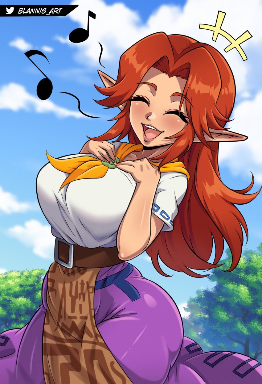 ass ass_visible_through_clothes big_ass big_breasts blannis_art breasts busty farmgirl fat_ass hands_on_own_chest happy huge_ass huge_breasts large_breasts light-skinned_female malon nintendo ocarina_of_time orange_hair outside pink_skirt shirt singing skirt smile teenager the_legend_of_zelda the_legend_of_zelda:_ocarina_of_time thick_thighs thighs tight_clothing white_shirt wide_hips