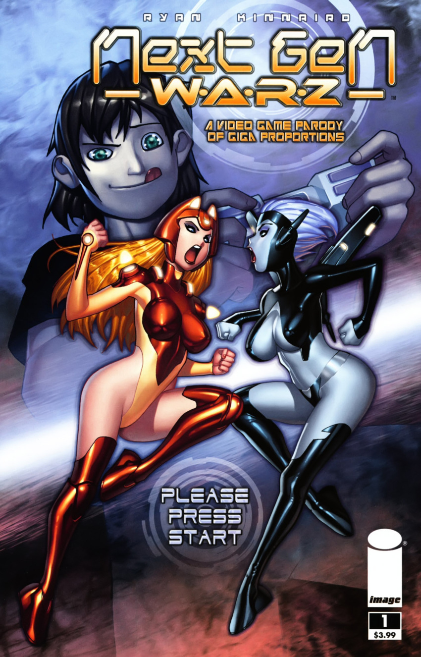 1boy 2girls android android_girl boobs boots breasts comic comic_cover duo duo_female duo_focus esexy3_(character) forbox360 forbox360_(character) gamerstud328_(character) gloves image_comics leotard long_hair long_hair_female next_gen_warz official_art orange_hair parody robot robot_girl robot_humanoid ryan_kinnaird short_hair short_hair_female tagme tits video_games