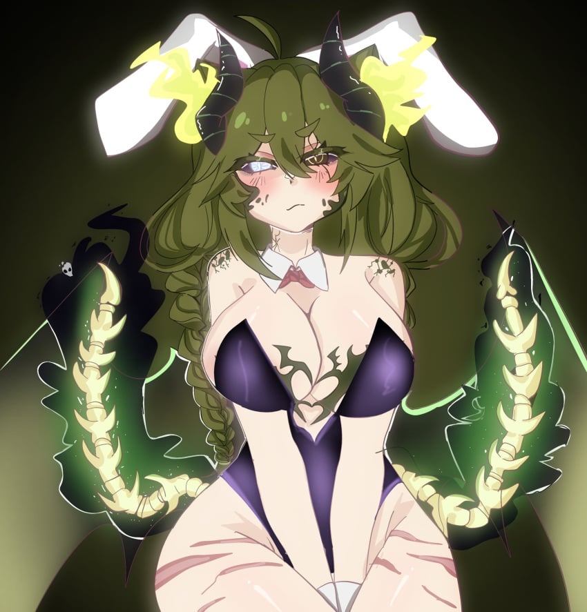 1girls 2_tails black_eye blue_eye blush bowtie breasts bunnysuit cleavage clothed clothing eyebrows_visible_through_hair fake_animal_ears fake_rabbit_ears female female_only green_hair heterochromia horns huge_breasts indie_virtual_youtuber light-skinned_female light_skin luminialiria monster_girl multiple_tails nymeria_xe solo tails tattoo thick_eyebrows virtual_youtuber wrist_cuffs