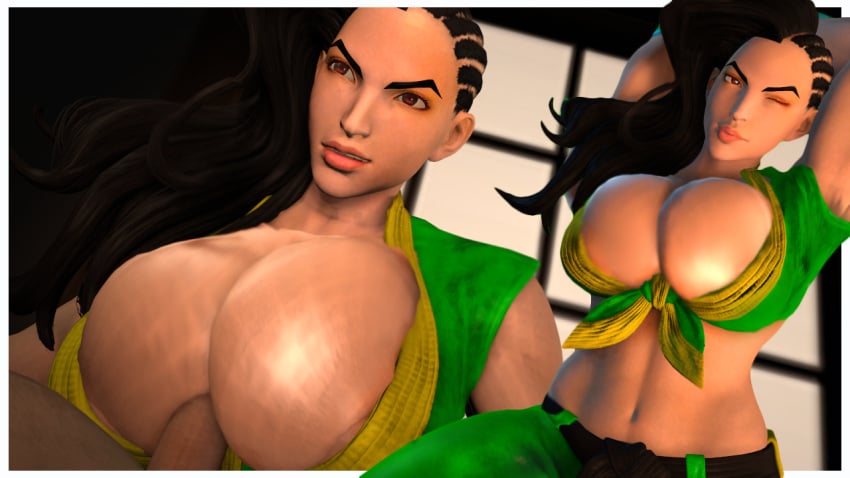 1boy 1girls 3d alternate_breast_size big_breasts brazilian brazilian_female breasts busty capcom cleavage dark-skinned_female dark_skin female female_focus happy happy_paizuri happy_sex huge_breasts interracial jillsandwish97 large_breasts latina laura_matsuda male paizuri paizuri_lead_by_female paizuri_on_lap penis smile source_request straight street_fighter