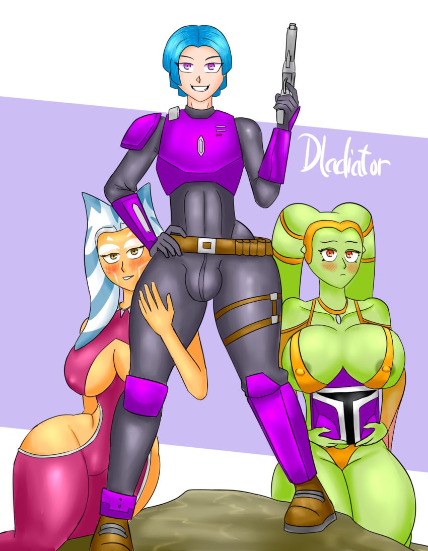 1boy 2girls 2girls1boy areola_slip artist_name big_breasts blaster blue_hair brown_eyes bulge dladiator embarrassed femboy flushed grabbing_thigh green_skin gun hand_on_hip inner_boob large_breasts mandalorian mandalorian_armor mandalorian_helmet nipple_bulge oc orange_skin purple_eyes red_eyes simple_background smirk star_wars tagme thick_thighs togruta twi&#039;lek twilek wide_hips