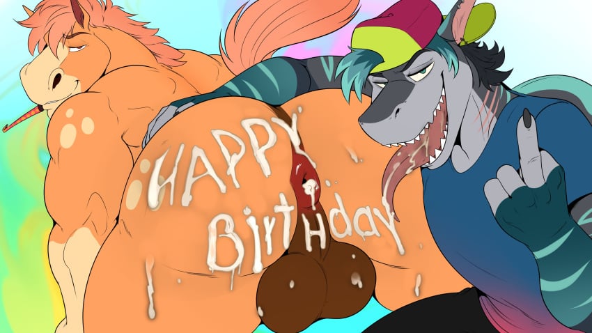 anthro anus birthday cake cream donut_anus furry gay horse kazu_(character) kazu_(thatgaysushi) kris_(zourik) middle_finger muscular muscular_anthro muscular_male rimjob rimming rimming_horse rimming_male shark yaoi yiff zourik