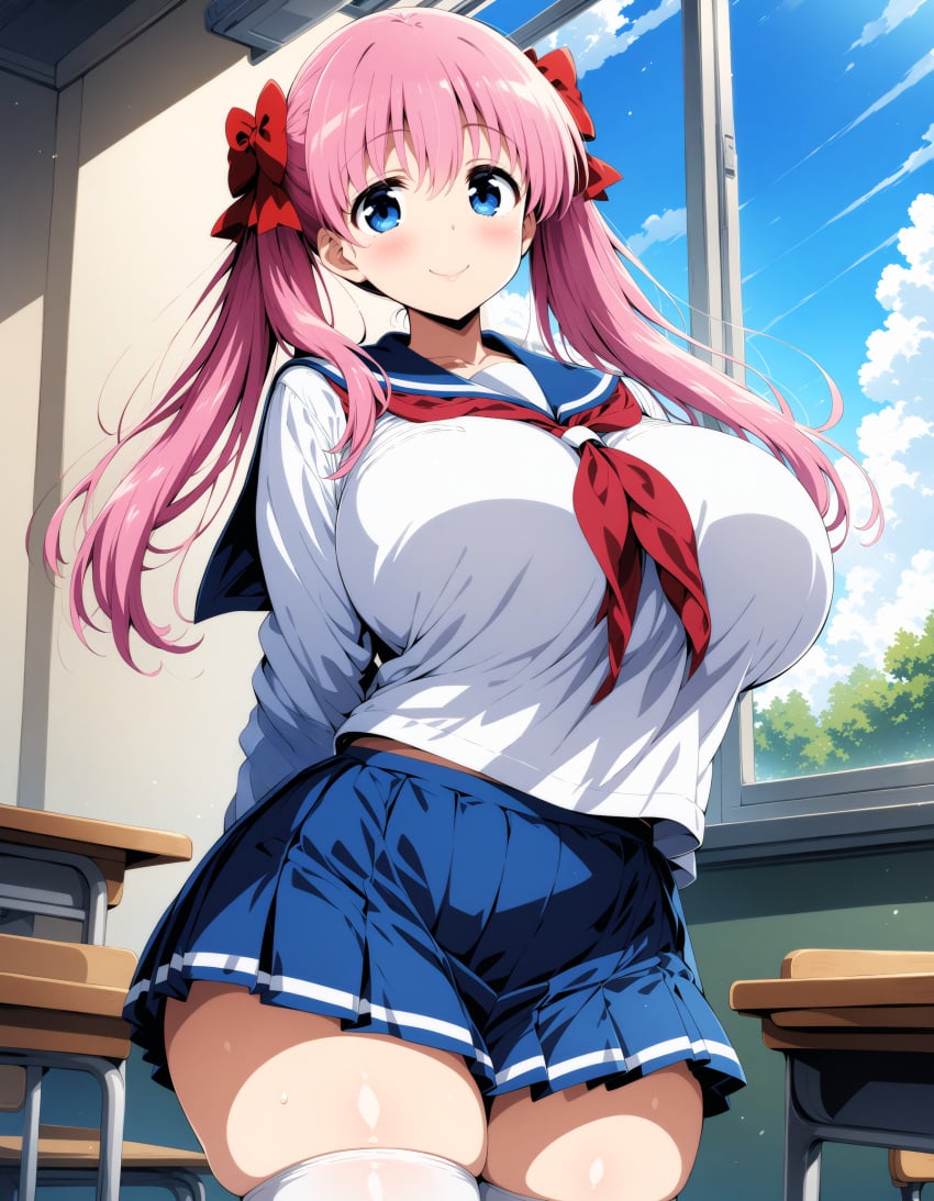 1girls ai_generated bangs blue_eyes blue_skirt breasts hair_between_eyes hair_ornament hair_ribbon haramura_nodoka hi_res huge_breasts large_breasts long_hair long_sleeves panties pink_hair pleated_skirt prince7087 red_ribbon ribbon saki school_uniform schoolgirl shirataki_ni skirt stable_diffusion standing thick_thighs thigh_highs thighhighs white_shirt