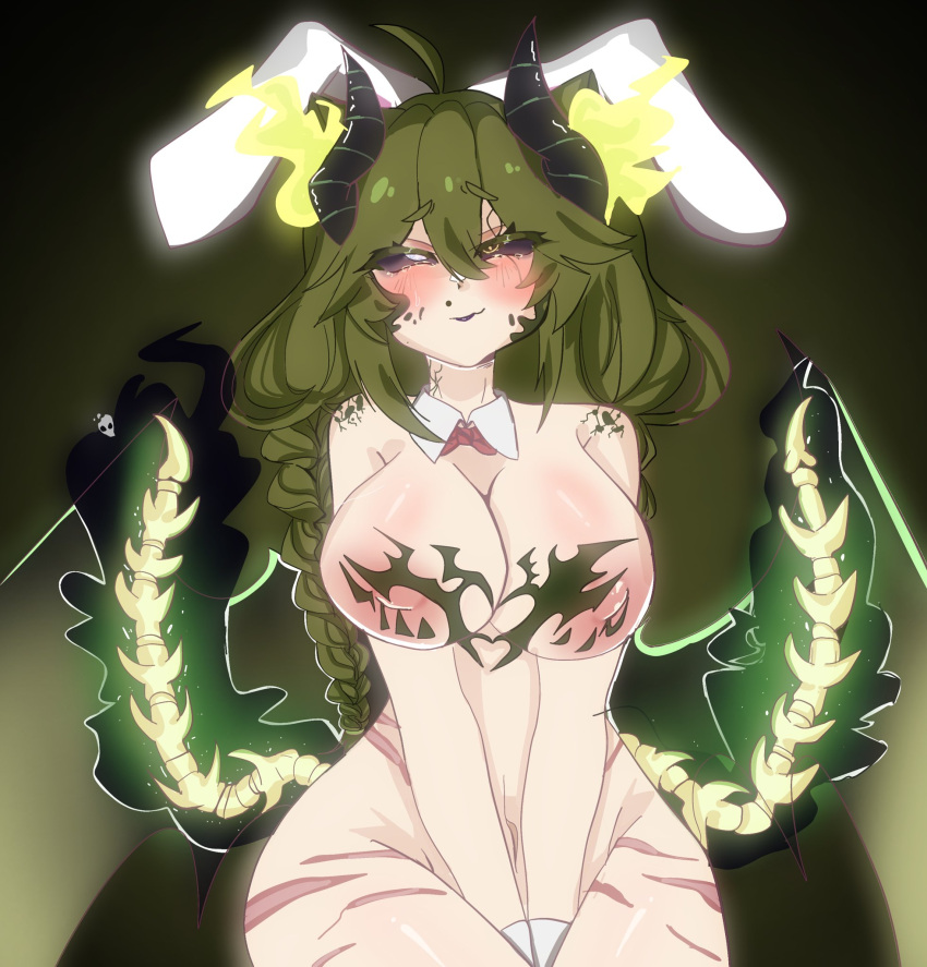 1girls 2_tails areolae belly_button black_eye blue_eye blush bowtie breasts cleavage eyebrows_visible_through_hair fake_animal_ears fake_rabbit_ears female female_only green_hair heterochromia horns huge_breasts indie_virtual_youtuber light-skinned_female light_skin luminialiria monster_girl multiple_tails nipples nymeria_xe solo tails tattoo thick_eyebrows virtual_youtuber wrist_cuffs