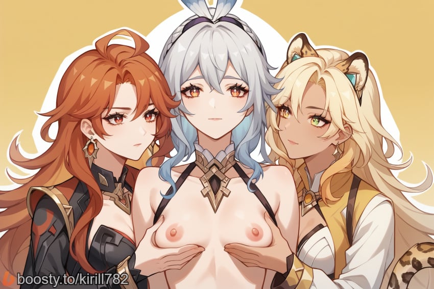 3girls ai_generated animal_ears blonde_hair boosty_username breasts dark-skinned_female female female_only genshin_impact green_eyes holding_breast kirill782 long_hair looking_at_viewer mavuika_(genshin_impact) mualani_(genshin_impact) nipples red_eyes red_hair small_breasts stable_diffusion watermark white_hair xilonen_(genshin_impact)