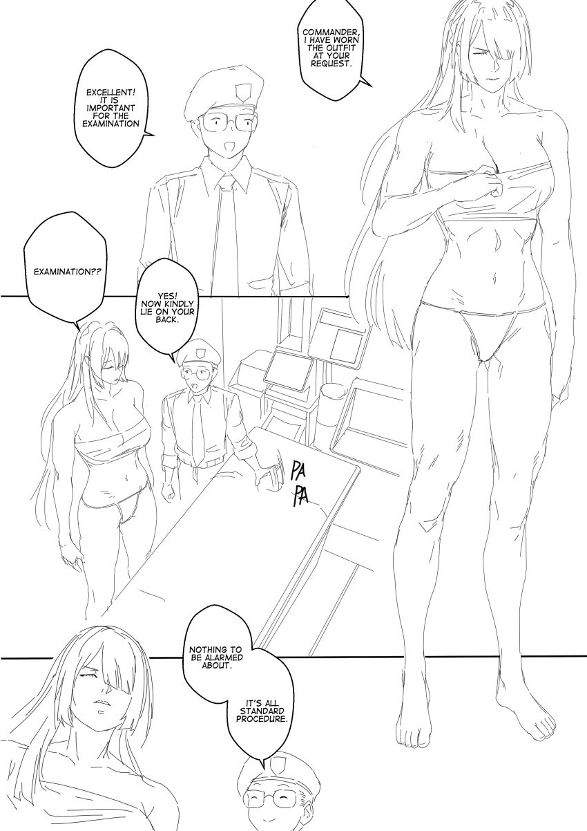 ak-15_(girls'_frontline) bed bikini girls'_frontline glasses medical_examination minuranakatawa muscular muscular_female original_character shorter_male taller_female