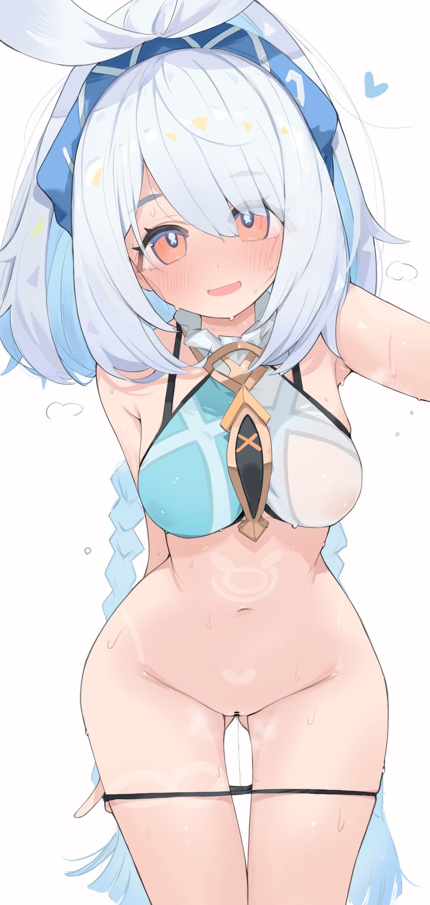 amber_eyes blue_hair bottomless braided_twintails braids censored genshin_impact hair_ornament hair_ribbon heart medium_breasts mikozin mualani_(genshin_impact) nipples panties panties_down pussy_juice_drip see-through_clothing see-through_top smile smiling_at_viewer two_tone_hair wet_body wet_pussy wet_skin white_hair white_washing