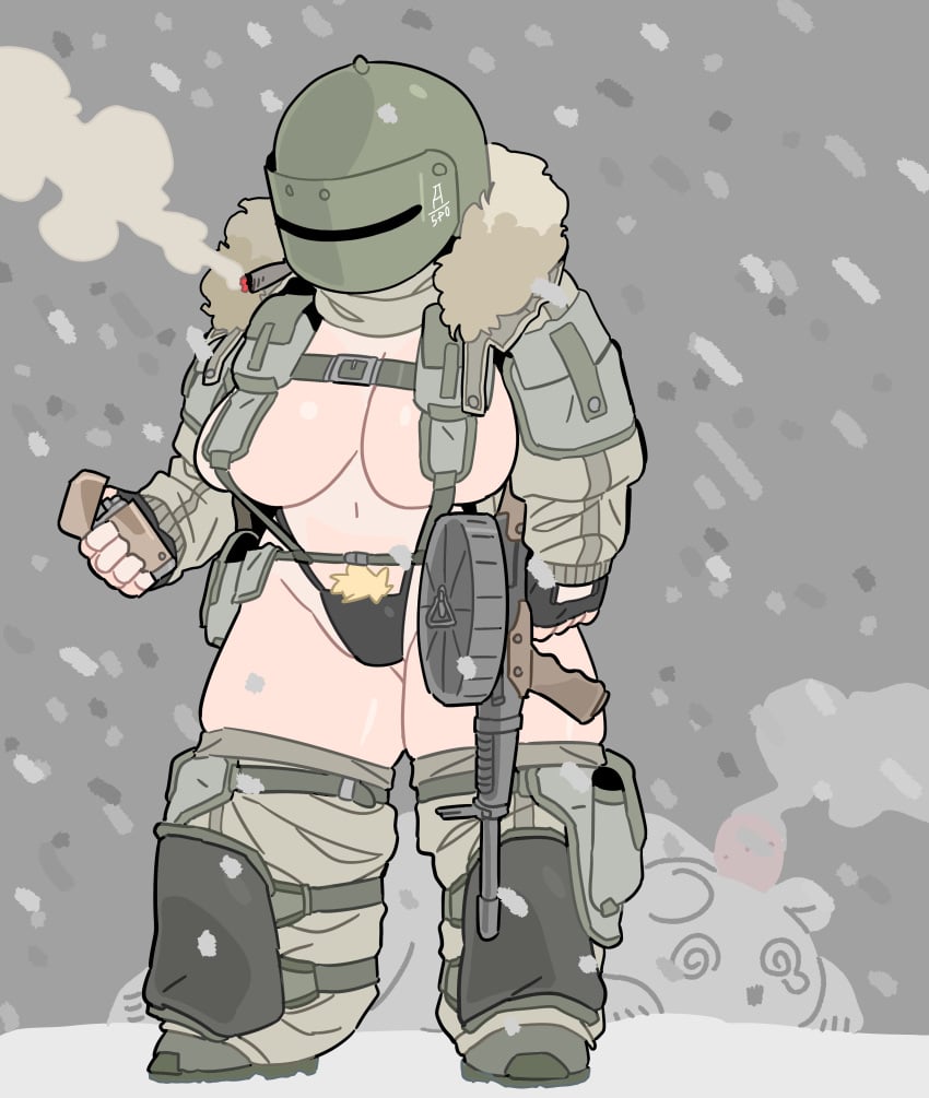 @_@ bear big_breasts blonde_hair cigar firearm fur_trim genderswap_(mtf) gun head_bump helmet legwear lighter polar_bear pubes pubic_hair snow steam tachanka_(rainbow_six) tactical_gear thick_thighs thong unconscious