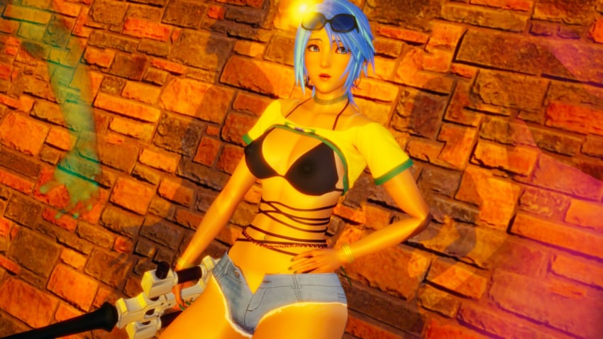 1girl aqua_(kingdom_hearts) blue_eyes blue_hair brazilian brazilian_flag dark_skin kingdom_hearts roseza see-through_bra see-through_clothing shorts sunglasses_on_head tan_body