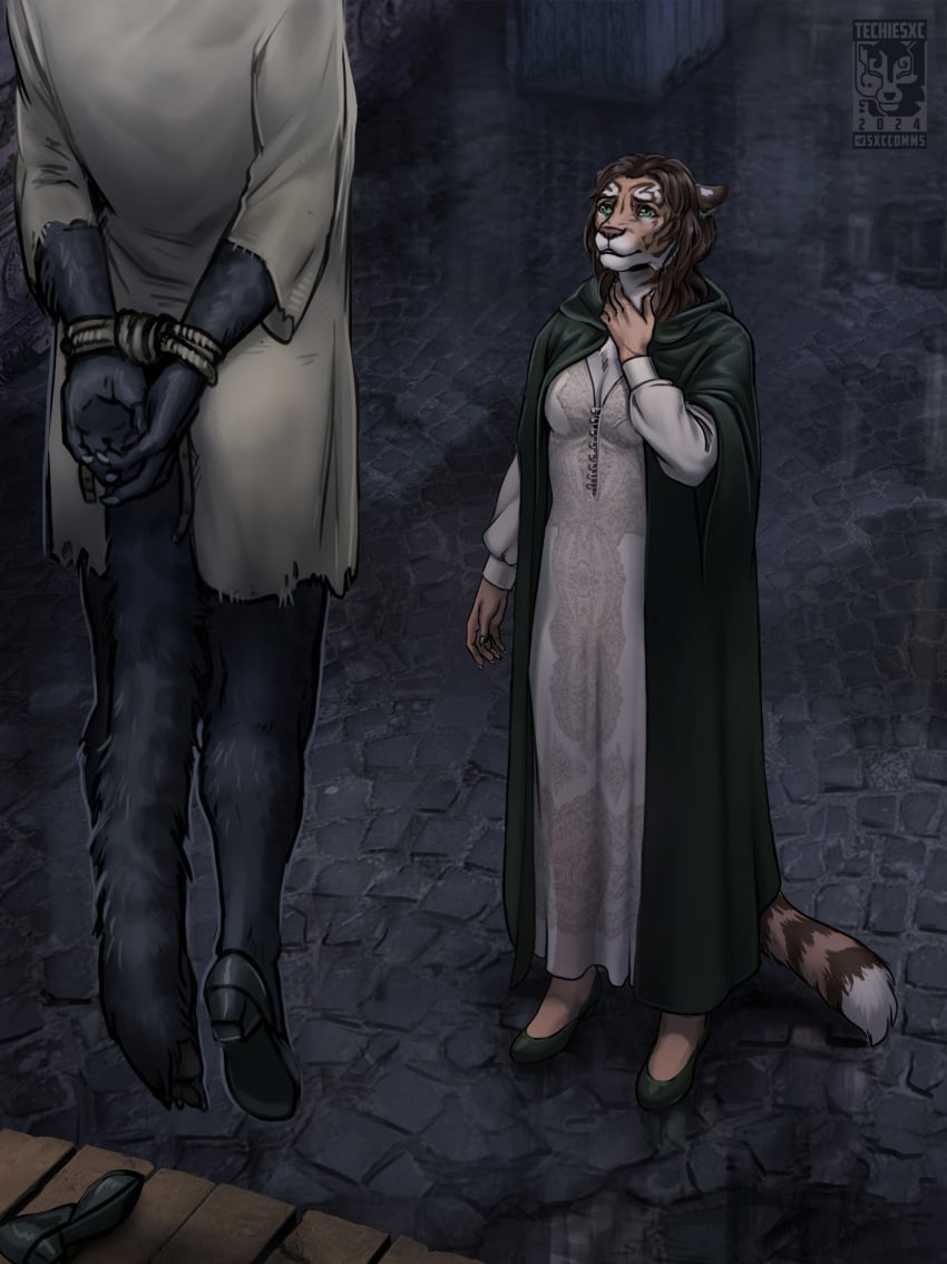 ambiguous_gender anthro arms_tied bound canid canine canis cloak clothed clothing death digital_media_(artwork) domestic_dog dress duo felid female footwear gallows green_eyes hair hanged hi_res khajiit mammal microsoft painting_(artwork) pantherine raining rope sad shoes tail techiesxc the_elder_scrolls tiger wet wet_clothing