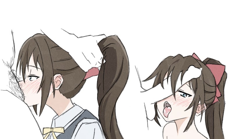 1boy absurdres blush brown_hair cum cum_in_mouth deepthroat fellatio female grabbing_another&#039;s_hair highres love_live! love_live!_nijigasaki_high_school_idol_club oral ousaka_shizuku penis_on_face shizuwonderland straight tongue tongue_out