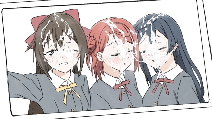 3girls absurdres after_ejaculation azuna_(love_live!) black_hair blue_eyes brown_hair bukkake closed_eyes cum cum_on_clothes cum_on_ears cum_on_hair cum_string highres love_live! love_live!_nijigasaki_high_school_idol_club multiple_girls nijigasaki_school_uniform one_eye_closed orange_hair osaka_shizuku school_uniform selfie shizuwonderland smile straight uehara_ayumu yuki_setsuna