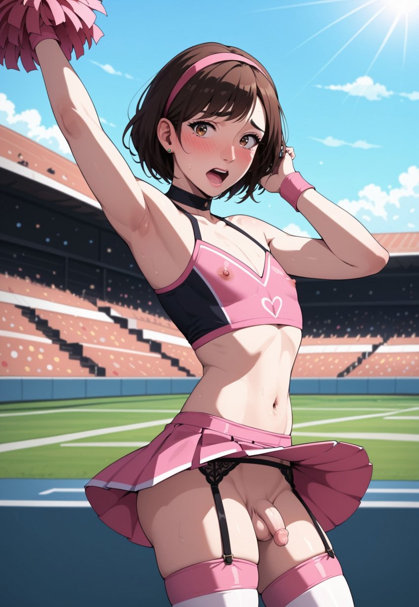 1boy ai_generated armpit blush brown_eyes brown_hair cheerleader cheerleader_uniform choker exhibitionism femboy flat_chest garter_straps germansissy hairband headband humiliation no_panties outdoors pink_outfit public short_hair sissy skirt small_penis stadium thighhighs upskirt wristband