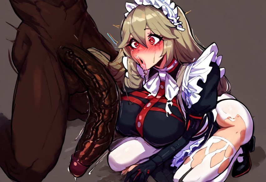 ai_generated alexandrina_sebastiane cock_awe cock_shock dark-skinned_male huge_cock hyper_penis maid maid_apron maid_dress maid_outfit victoria_housekeeping will_of_ai zenless_zone_zero