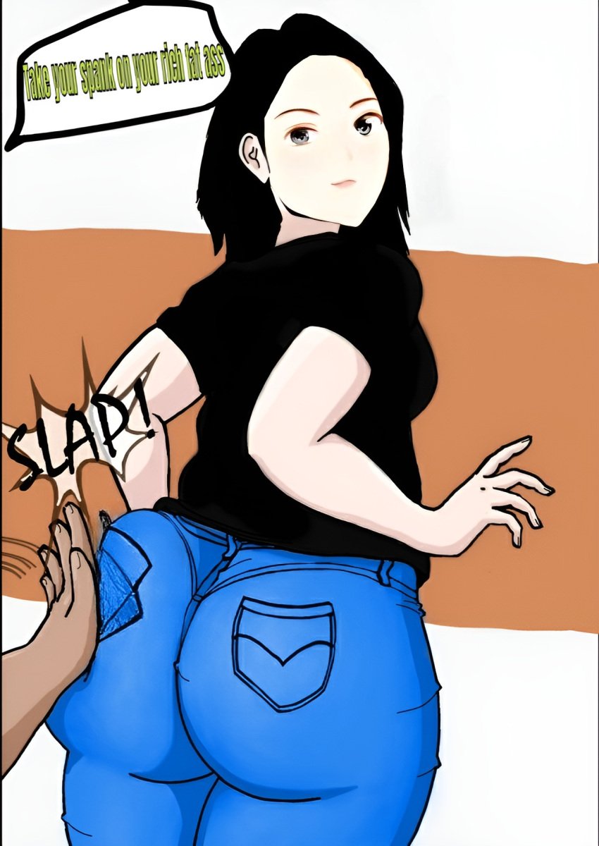 ass black_eyes black_hair breasts curvy denim english_text female from_behind grettel_zavala hand_on_another's_ass highres hip_focus huge_ass jeans large_breasts long_hair non-web_source original pants plump skinny_jeans solo spanking thick_thighs thighs wide_hips