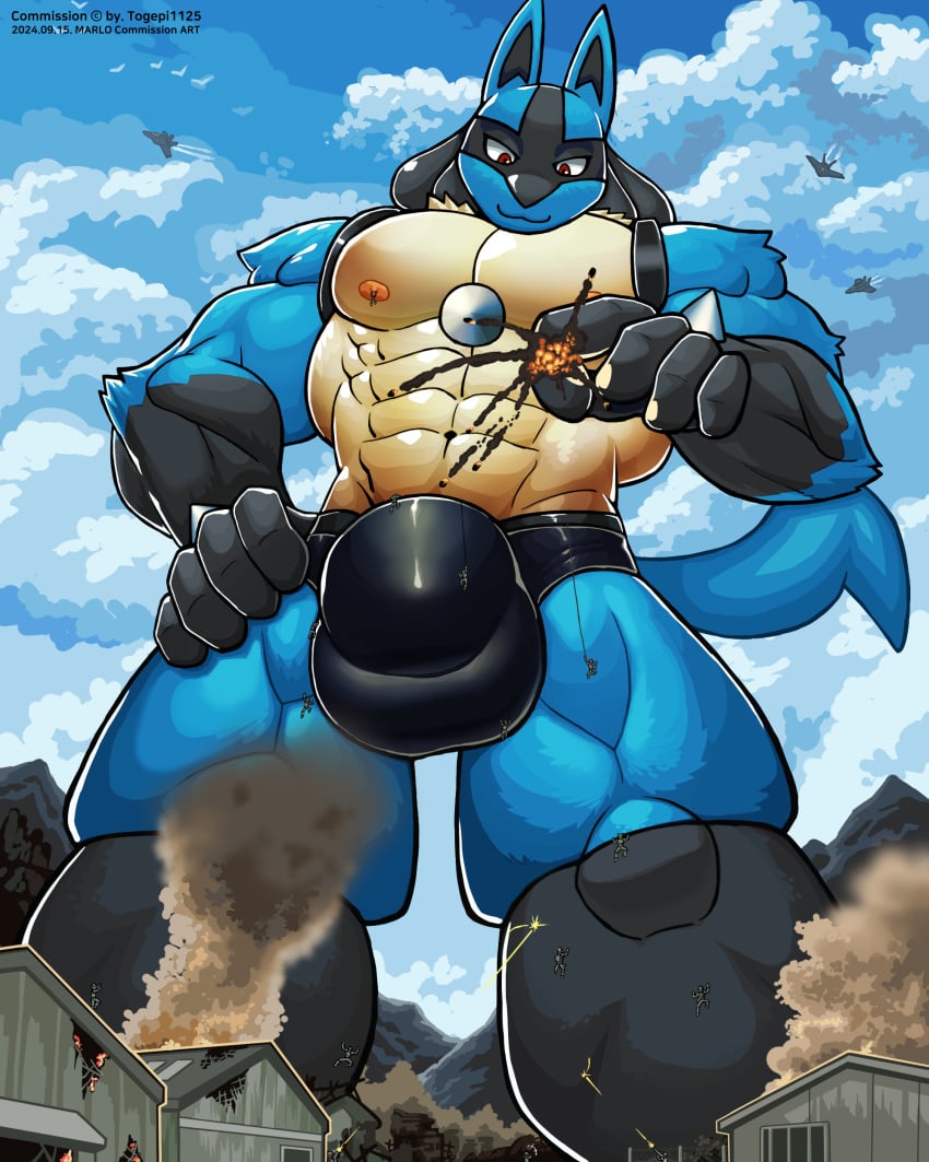 4:5 absurd_res aircraft airplane anthro big_bulge blue_body blue_fur bulge canid canine clothed clothing destruction detailed_bulge explosion fur generation_4_pokemon hi_res jet looming low-angle_view lucario macro male mammal military military_base muscular muscular_male nintendo nipples pokemon pokemon_(species) red_eyes smoke soldier solo speedo spines swimwear vehicle warrior wolfmalro worship