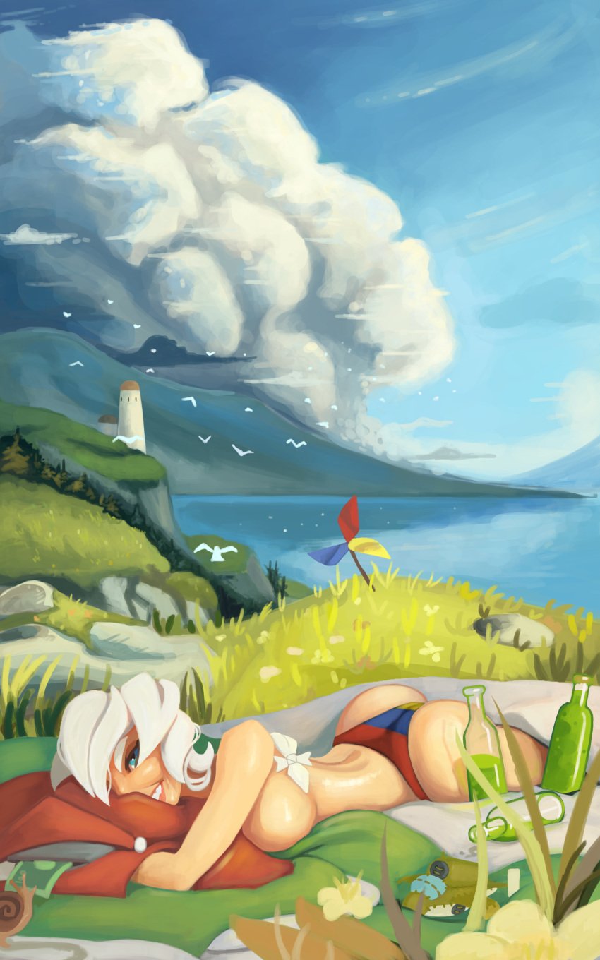 big_ass big_breasts blanket blue_eyes bottle flower grassy_field laying_down laying_on_breasts lighthouse moltenseal_(artist) nature panties seaside short_hair smile snail striped_panties sunbathing thick_ass topless video_games virtual_youtuber vtuber war_thunder white_hair white_skin