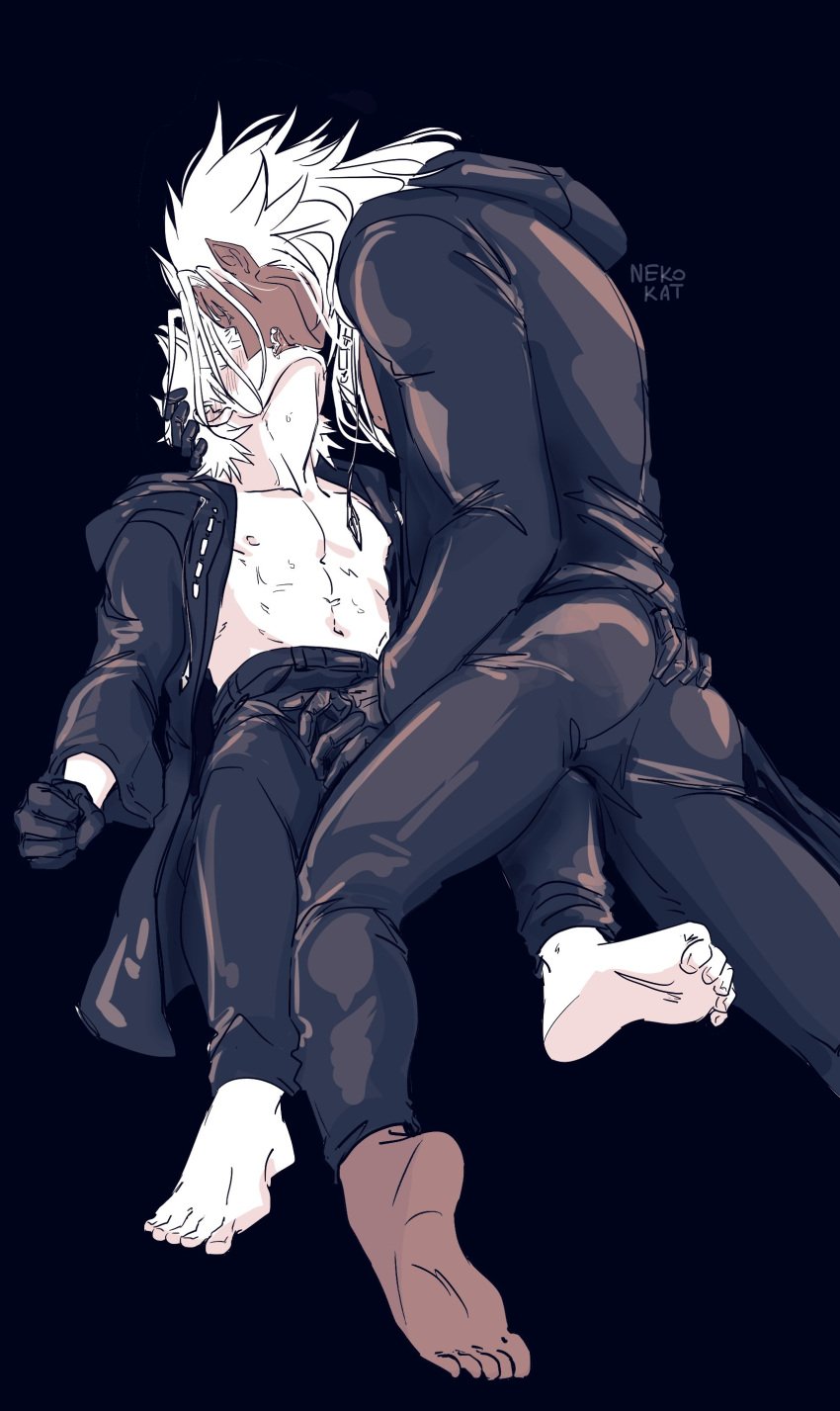 2boys abs absurdres age_difference barefoot black_background black_coat_(kingdom_hearts) black_gloves blonde_hair blush closed_eyes dark-skinned_male dark_skin erection fangs french_kiss gloves hand_on_another's_ass hand_on_another's_head highres hood kingdom_hearts kingdom_hearts_ii kissing long_hair male_focus multiple_boys nekokat42 nipples open_mouth organization_xiii pants penis_grab pointy_ears roxas rubbing short_hair size_difference smile spiked_hair straddling toned toned_male tongue unzipped white_hair xemnas yaoi