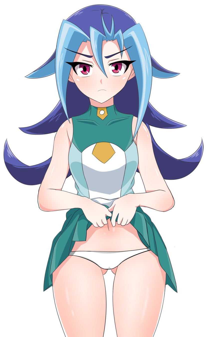 blue_hair blush chori_(artist) female hi_res kamishiro_rio long_hair looking_at_viewer navel panties raised_skirt red_eyes rio_kamishiro school_uniform short_skirt skirt solo white_background yu-gi-oh! yu-gi-oh!_zexal