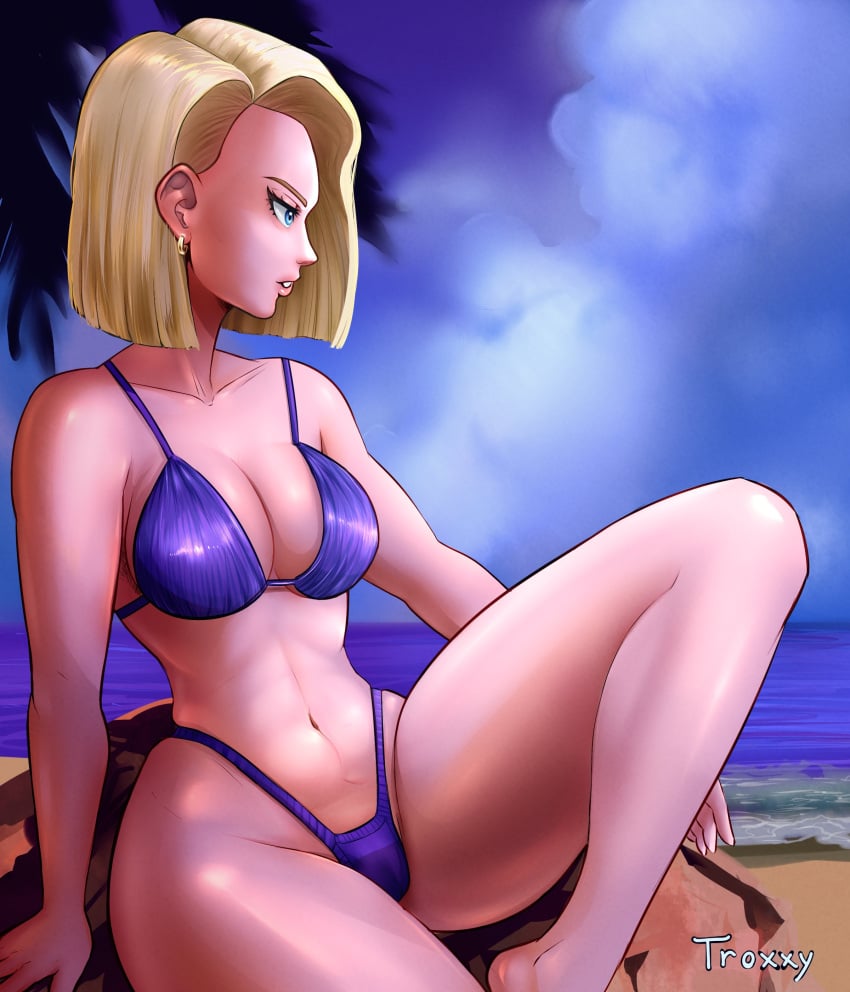 1girls android android_18 android_girl artist_name ass beach beach_background belly_button bikini blonde_female blonde_hair blonde_hair_female blue_eyes blue_eyes_female blue_sky blue_sky_background breasts cloud clouds cloudy_sky covered_nipples dragon_ball dragon_ball_super dragon_ball_z earring earrings eyelashes female gold_earring gold_earrings hips legs light-skinned_female light_skin lips medium_breasts medium_hair ocean ocean_background parted_lips purple_bikini purple_bikini_bottom purple_bikini_top redraw redrawn rock salvamakoto sea sea_background sitting sitting_on_rock sky swimsuit thighs troxxy water