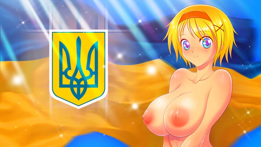 1girls akiranime axis_powers_hetalia big_breasts blonde_hair blue_eyes blush breasts eastern_european female female_only flag hairband happy huge_breasts light-skinned_female light_skin naked national_personification nipples nude nude_female pink_nipples short_hair slavic smile tagme ukraine ukraine_(hetalia) ukrainian_flag ukrainian_girl