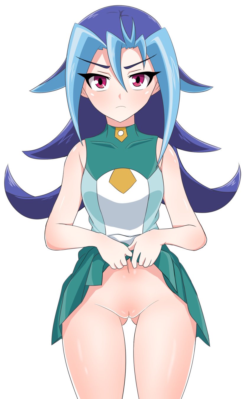 alternate_version_available blue_hair blush chori_(artist) female hi_res kamishiro_rio long_hair looking_at_viewer navel raised_skirt red_eyes rio_kamishiro school_uniform short_skirt skirt solo vagina white_background yu-gi-oh! yu-gi-oh!_zexal