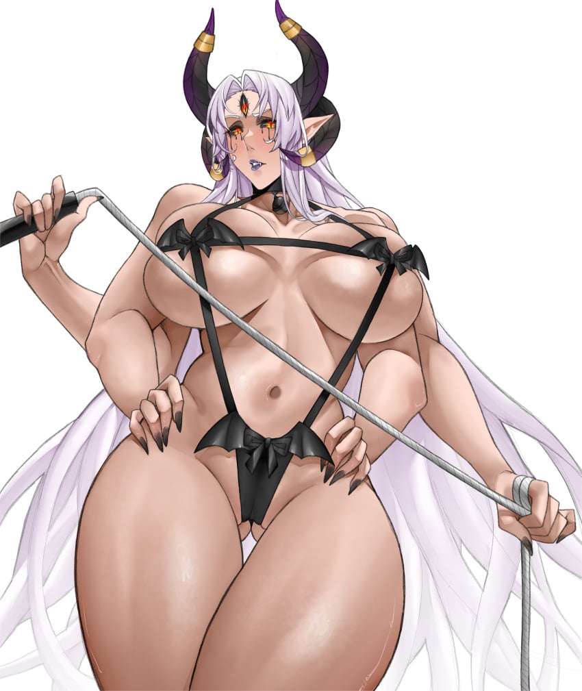 1girls 3_eyes 4_arms belly_button black_nails blush breasts female female_only femdom goddess horns huge_breasts indie_virtual_youtuber light-skinned_female light_skin lipstick looking_at_viewer monster_girl purple_lipstick red_eyes rhz simple_background solo virtual_youtuber whip white_background white_hair zoa_(empress_zoaasrihtu_vhir_zothis)