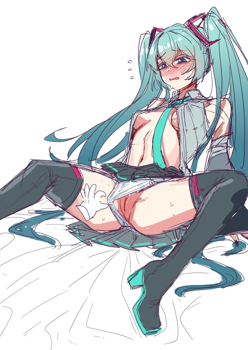 blush embarrassed female female_only hatsune_miku nipple_bulge panties panties_aside pulling_panties_aside pussy sideboob sketch skirt_lift spread_legs stine_r thigh_boots vocaloid