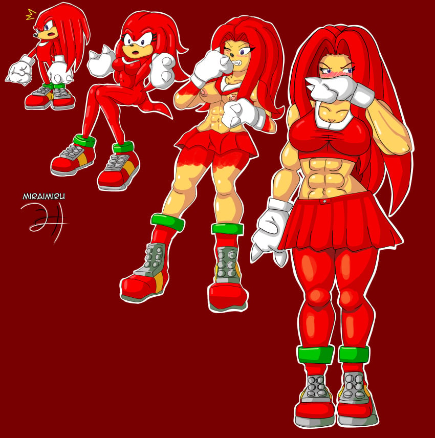 abs anthro_to_human ass_expansion breast_expansion crop_top female gender_transformation growth growth_sequence hair_growth huge_ass huge_breasts knuckles_the_echidna midriff miniskirt miraimiru mtf_transformation rule_63 sega sonic_(series) sonic_the_hedgehog_(series) thick_lips thick_thighs thigh_expansion transformation transformation_sequence wide_hips