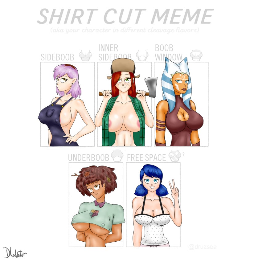 5girls ahsoka_tano amity_blight amphibia anne_boonchuy areolae_slip artist_name big_breasts boob_window clone_wars disney disney_channel dladiator female female_only gravity_falls inner_sideboob large_breasts marinette_dupain-cheng miraculous_ladybug multiple_girls nipple_bulge open_shirt overalls overalls_only pajamas shirt_cut_meme sideboob star_wars tagme the_owl_house thin_waist underboob wendy_corduroy