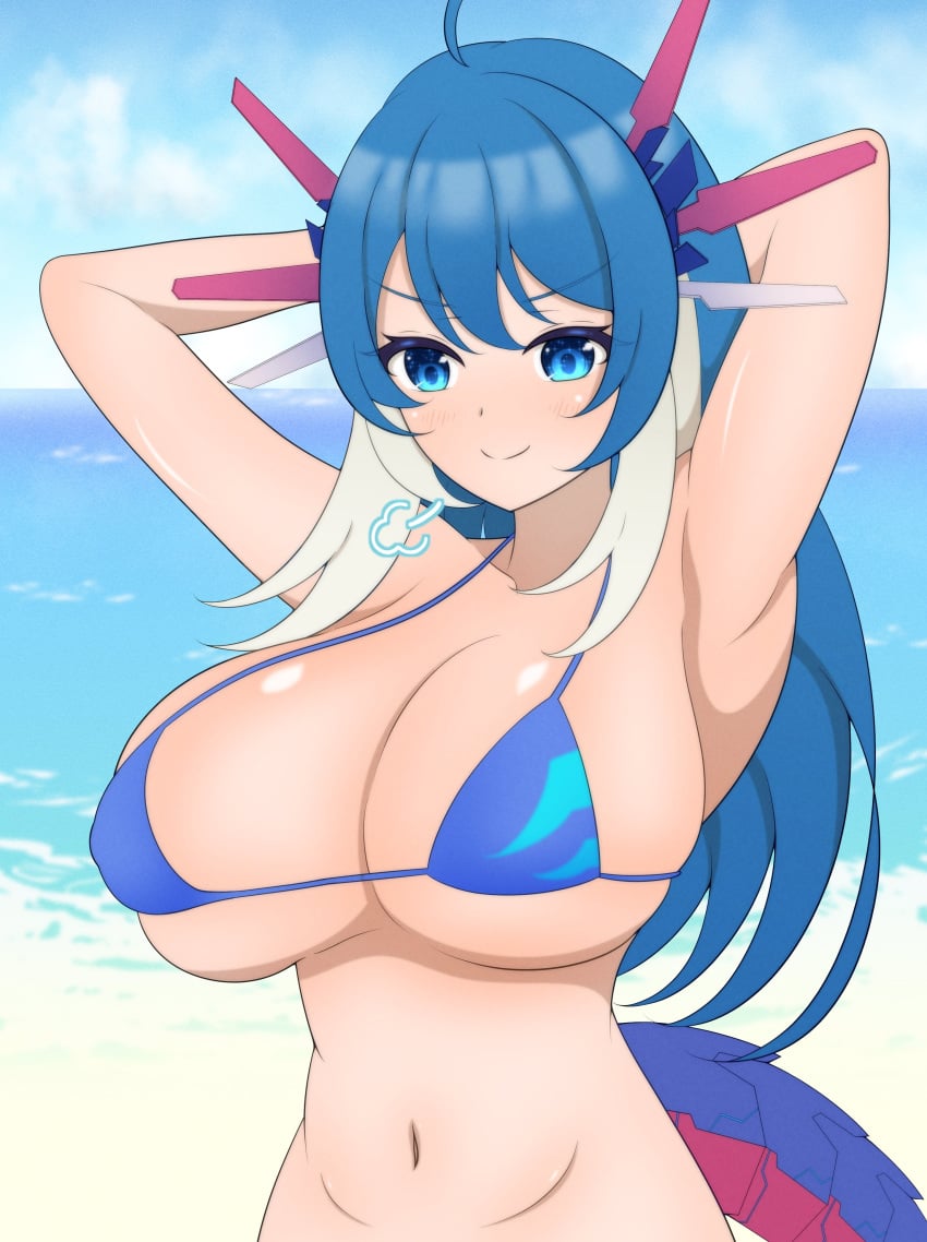 armpits arms_behind_head beach closed_mouth dragon_girl duel_masters female gijinka huge_breasts micro_bikini personification q.e.d._(duel_masters) q.e.d._(duel_masters_play's) smile v-shaped_eyebrows