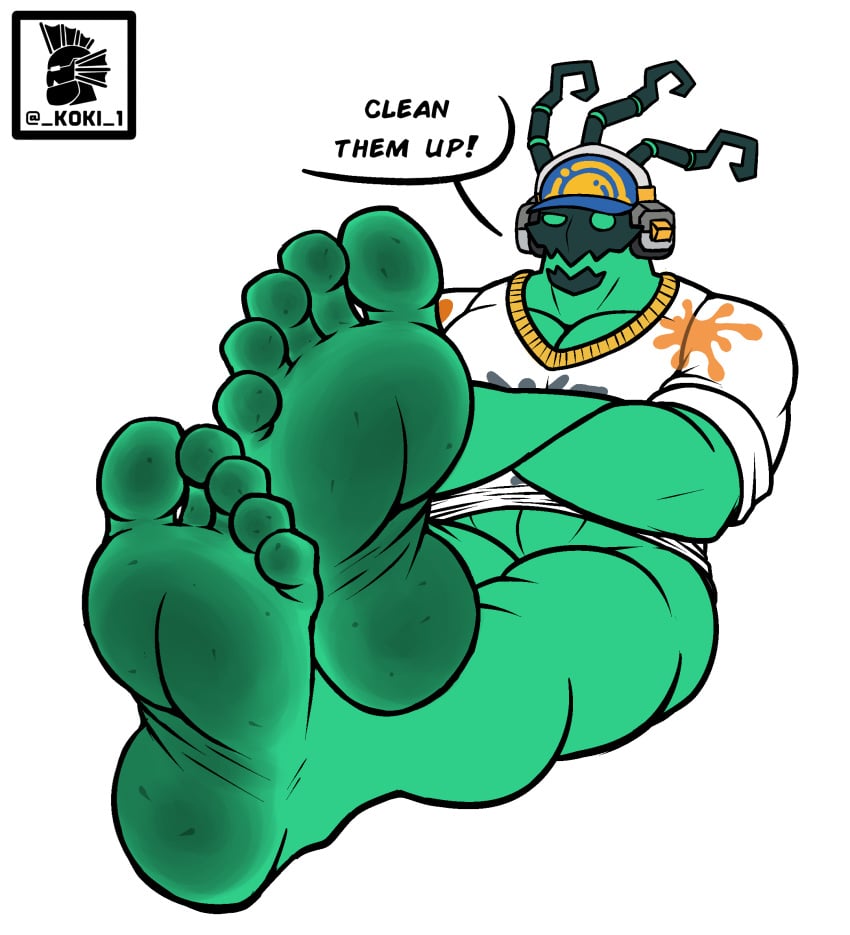 abs bara dialogue dirty_feet feet foot_fetish green_skin headphones janitor janitor_thresh koki_1 league_of_legends muscular_male pecs presenting_feet shirt_only skull_head soles solo_male thighs thresh toes undead