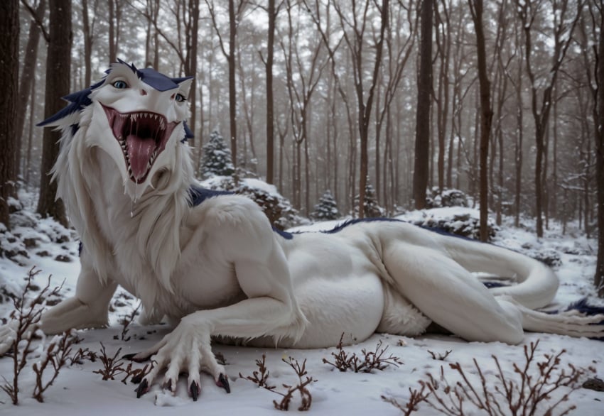 ai_generated anthro aurugy big_tail claws female forest full_belly furry imminent_vore laying_on_stomach long_tail looking_at_viewer mouth_shot open_mouth realistic round_belly saliva sergal sharp_teeth tongue vore white_fur winter