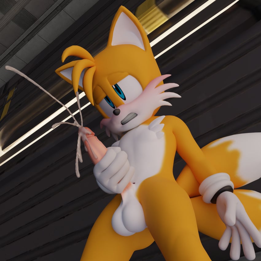 1:1 3d_(artwork) anthro balls blush bodily_fluids canid canine cum cumshot digital_media_(artwork) ejaculation fox genital_fluids genitals hand_on_penis hi_res looking_pleasured low-angle_view male male_only mammal masturbation miles_tails_prower penis sega solo sonic_(series) sonic_the_hedgehog_(series) standing tails tails_the_fox twintails3d