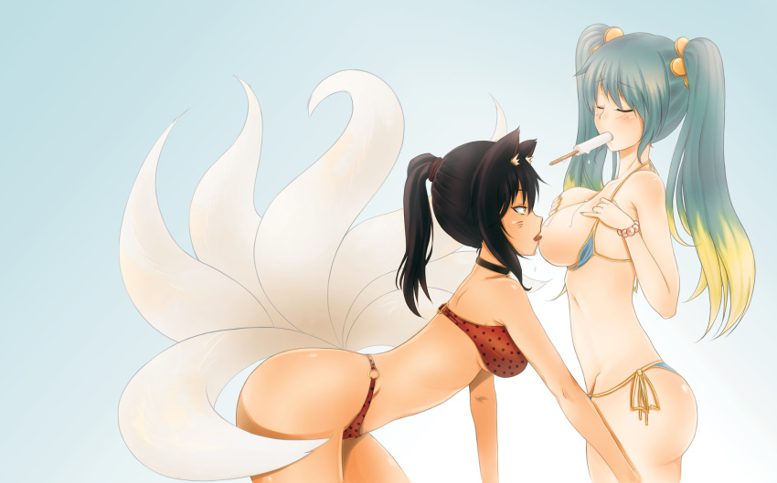 2girls ahri bathing_suit bikini forscience fur furry_tail humanoid kemonomimi league_of_legends multiple_girls multiple_tails sona_buvelle swimsuit tagme tail vastaya yuri