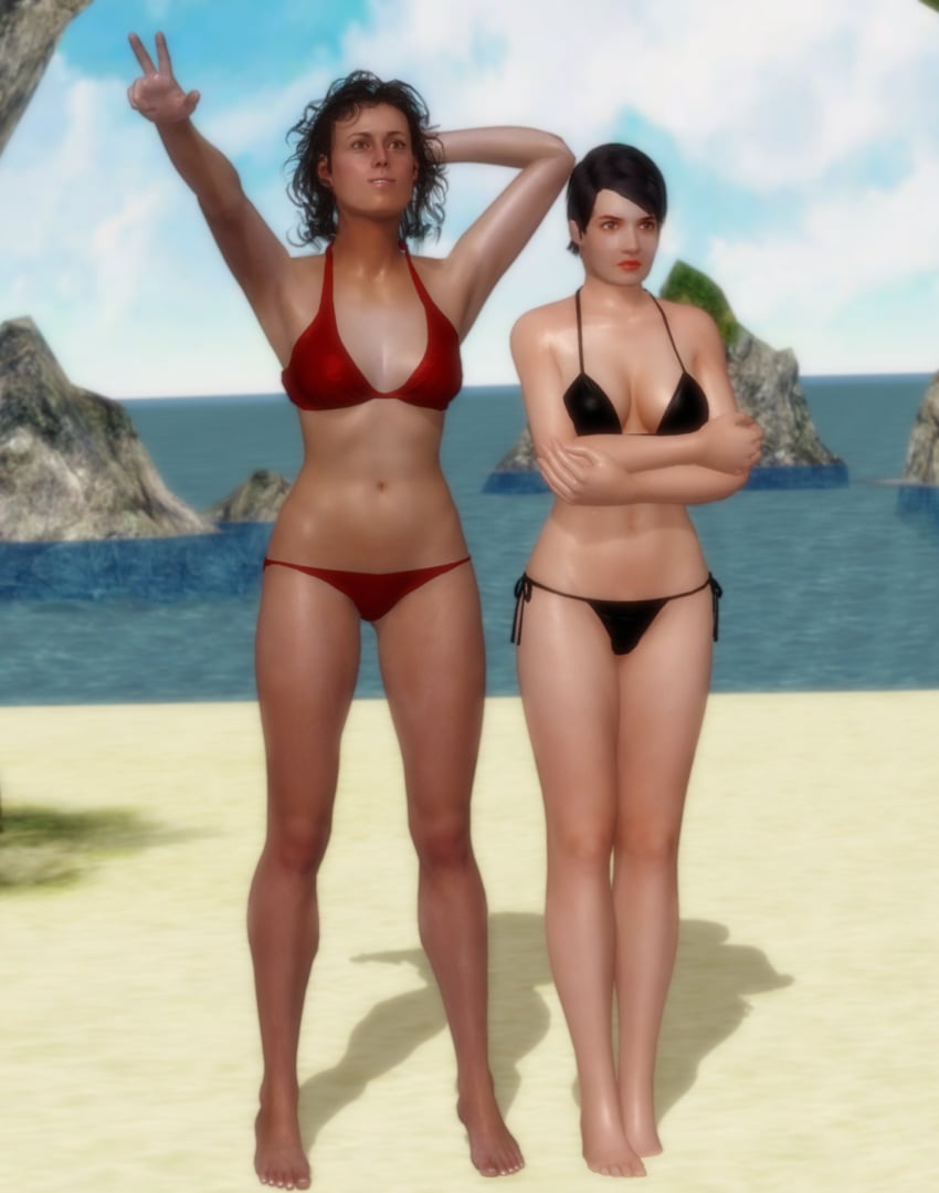 2girls 3d alien alien_(franchise) alien_(movie) annalee_call beach bikini black_bikini ellen_ripley female jc-starstorm red_bikini sea