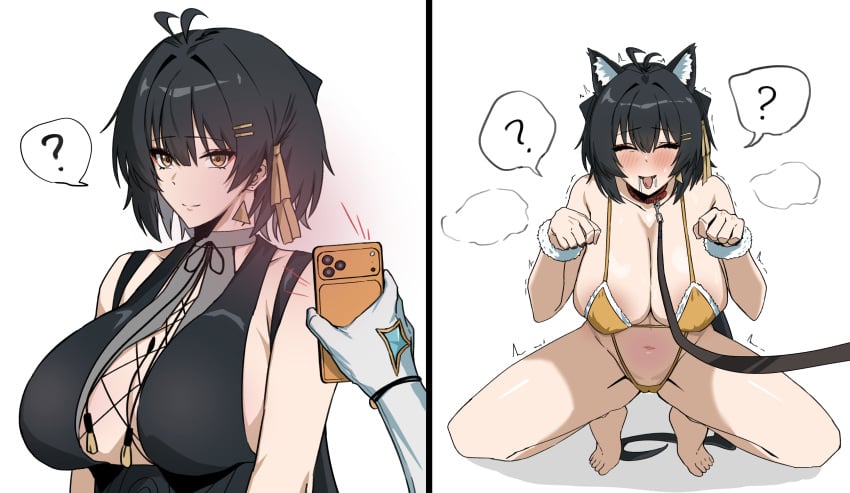 2koma ? aemeath_(wuthering_waves) animal_ears artist_request before_and_after begging_pose bikini blush cameltoe cat_ears collar drooling female_rover_(wuthering_waves) femsub from_above hypnosis instant_loss_2koma leash leash_and_collar mind_control mind_control_app petplay pov_dom revealing_clothes rover_(wuthering_waves) smartphone squatting white_background wuthering_waves