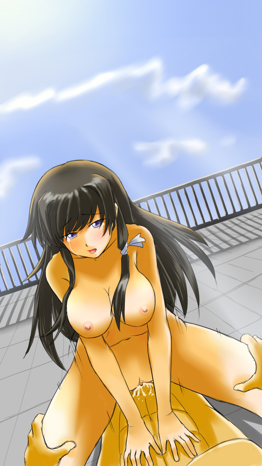 1boy abs bare_shoulders blush braid breasts brown_hair clitoris cowgirl_position crying female fence hair_ornament hair_ribbon highres insertion large_breasts long_hair looking_at_viewer male moving muv-luv muv-luv_alternative muv-luv_alternative_-_total_eclipse navel nipples nude open_mouth outdoors penis purple_eyes pussy rabinidaddo ribbon rooftop sex single_braid sky straight takamura_yui tear uncensored vaginal_penetration