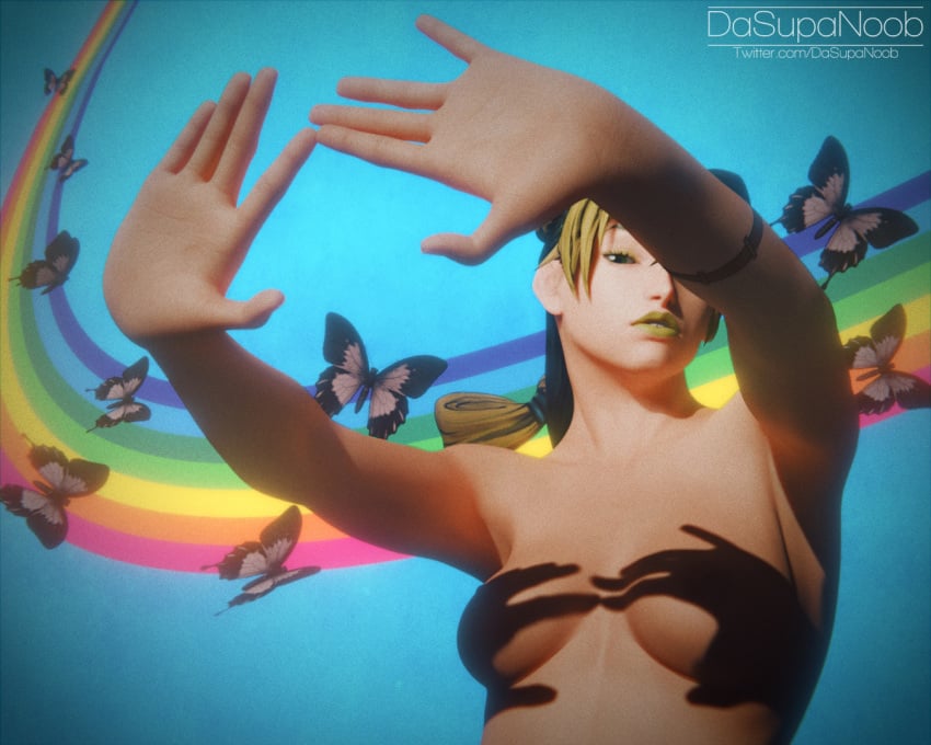 1girls 3d braided_ponytail breasts butterfly censored censored_breasts covering_breasts dasupanoob extended_arm female green_eyes green_hair green_lipstick hair_bun jojo's_bizarre_adventure jolyne_kujo nude rainbow shadow solo stone_ocean