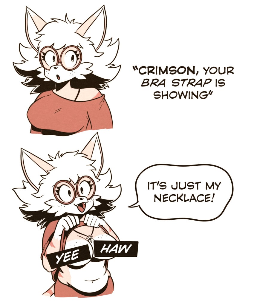 1girls 1other 2026 2d 2d_(artwork) anthro bare_breasts belly bra_strap_is_showing_(meme) breasts cat_ears cat_girl cat_humanoid cat_tail catgirl censor_bar censored censored_breasts chubby chubby_female circular_glasses clothed clothing color colored comic crimson_(roboticsteve) dialogue digital_drawing_(artwork) digital_media_(artwork) english_text exposed_breasts flashing flashing_breasts freckles freckles_on_breasts furry furry_female glasses humanoid meme necklace offscreen_character open_mouth ring_cats roboticsteve round_glasses shirt_lift speech_bubble tail text upper_body