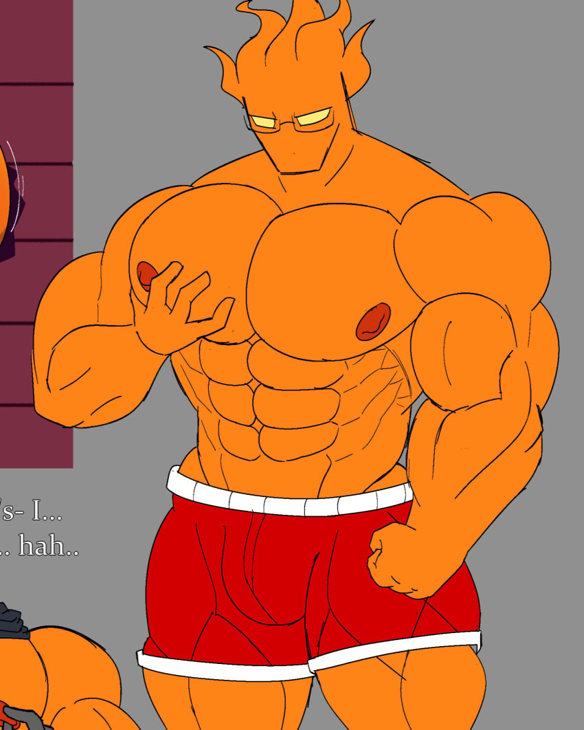 bara bulge bulge_through_clothing faceless faceless_male gay glasses grillby gym gym_bottomwear male_only muscular muscular_male pec_grab pecs submissive_male undertale_(series) yaoi