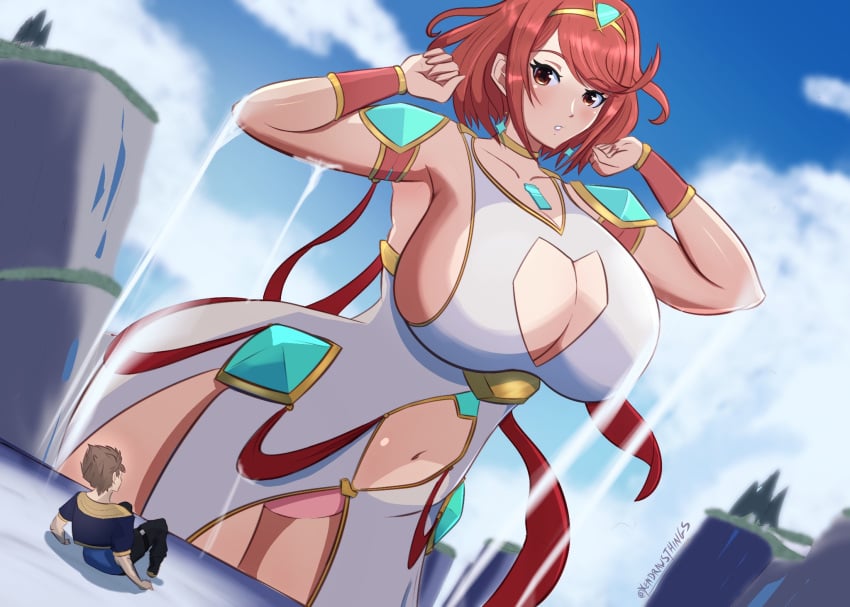 1boy 1boy1girl breasts curvy giantess nintendo pyra revealing_clothes rex_(xenoblade) thighs xendrawsseggs xendrawsthings xenoblade_(series) xenoblade_chronicles_2