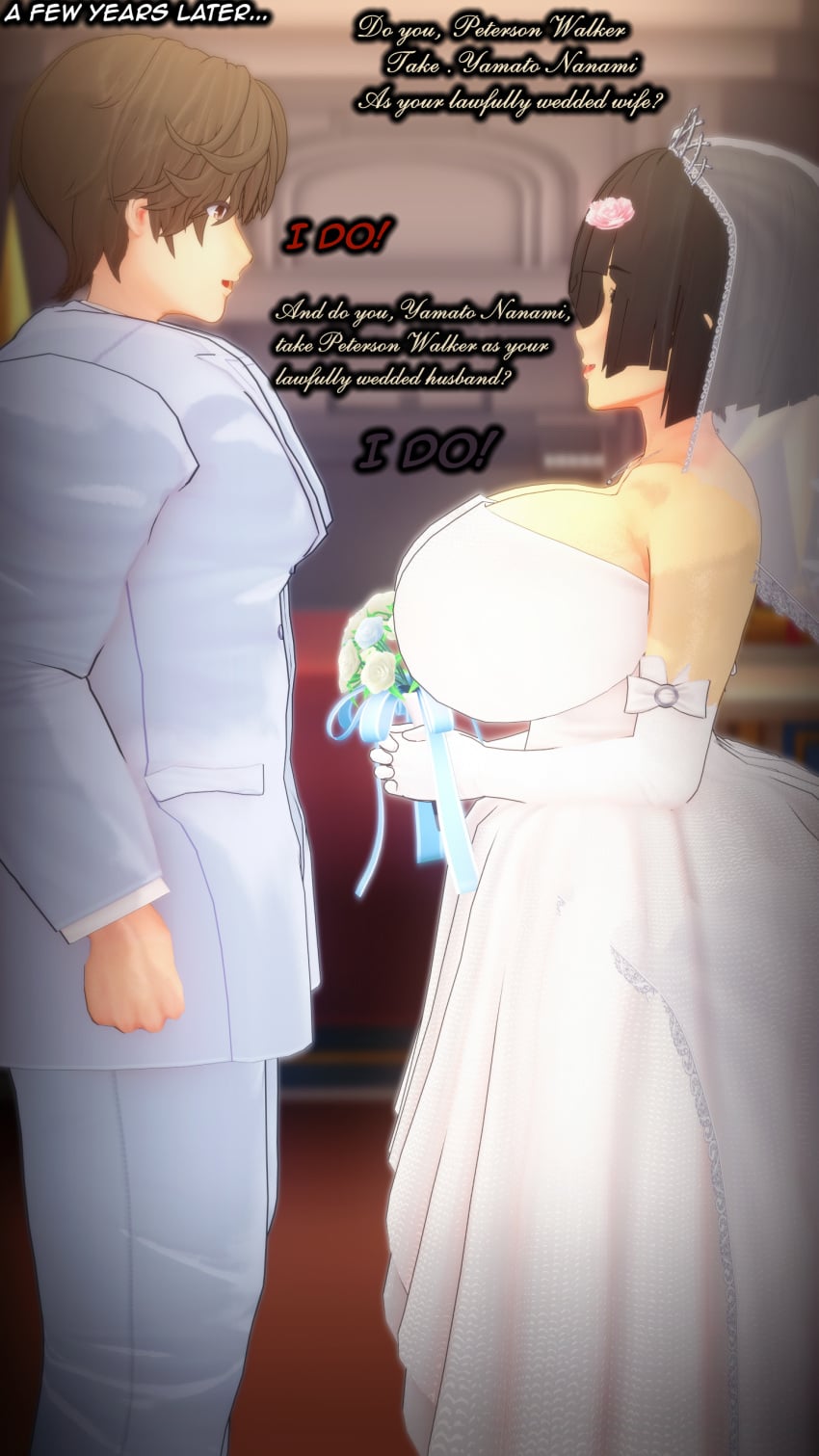 3d 3d_model big_ass big_breasts breasts bride bride_gown bride_veil brunette brunette_female brunette_hair couple couple_(romantic) dialogue groom husband husband_and_wife image_set koikatsu nanami_yamato newlyweds non-canon original original_characters peterson_walker plump spidey-dude tachumi text thick_ass thick_thighs thighs wedding wedding_dress wedding_ring wedding_veil yandere