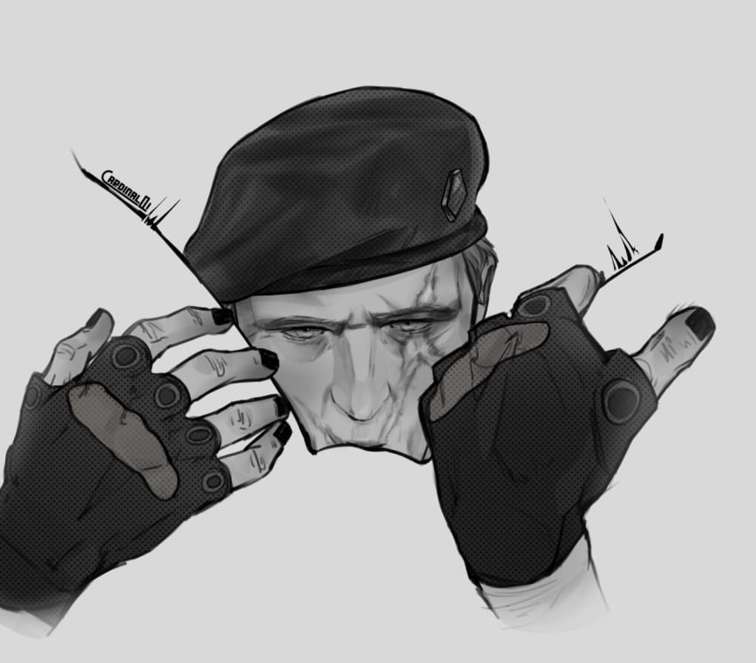 1boy 1boy1girl 1girls anon anonymous_character anonymous_female black_nails capcom cunnilingus eating_out eating_pussy female_pov fingerless_gloves hand_on_thigh hands_on_thighs hat jack_krauser licking_pussy looking_at_viewer male_focus monochrome negative_space_cunnilingus_(meme) resident_evil scar seductive_eyes seductive_look solo_focus tremble_spikes twitter_link watermelon_trend y/n y/n_(your_name)