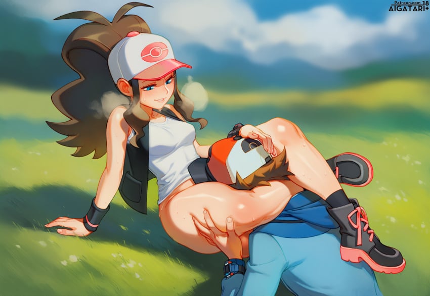 1futa ai_generated aigatari blowjob blue_eyes brown_hair curvy deepthroat female field futa_on_male futanari grass head_between_thighs hilda_(pokemon) intersex leg_lock male medium_breasts nsfw oral outdoors pokemon pokemon_bw sky smug sweat wide_hips