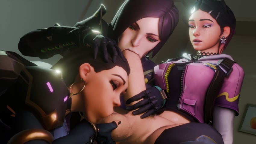 1futa 1futanari 2females 2girls 3d backpack balls blowjob blowjob_face cheeks_inflation choker clothed clove_(valorant) cock earrings female females futanari grabbing_balls grabbing_balls_with_one_hand grabbing_penis grabbing_testicles group group_sex hairpin hand_on_head jacket matty_vd matty_vd necklace nonbinary oral oral_sex penis reyna_(valorant) riot_games sex spread_legs sucking_balls sucking_testicles testicles thighhighs thighs valorant viper_(valorant)