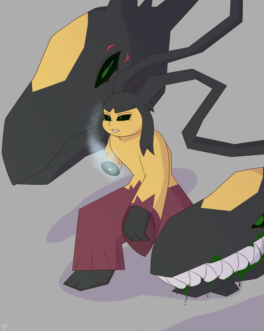 2024 4:5 absurd_res anthro bared_teeth blood blood_from_mouth blood_in_mouth bodily_fluids colored_blood dark_sclera female generation_3_pokemon generation_6_pokemon gore green_blood green_eyes grey_background hi_res jordangtxle mawile mega_evolution mega_mawile missing_arm nintendo pokemon pokemon_(species) regeneration severed_arm severed_body_part severed_limb simple_background solo sorin_(jordangtxle11) steam tear_duct unusual_blood unusual_bodily_fluids yellow_body